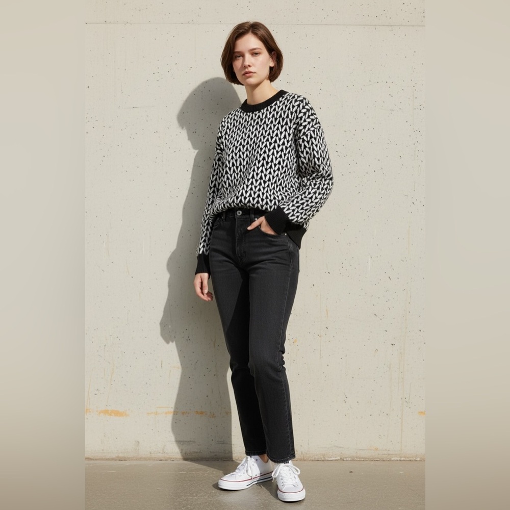 JoosTricot Crewneck Sweater in Black/White Geometric Pattern, Size Medium